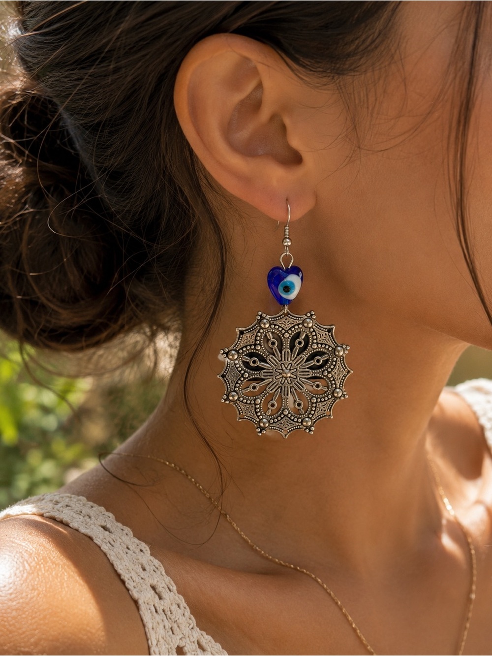Bohemian Silver Filigree Drop Earrings with Blue Heart Bead